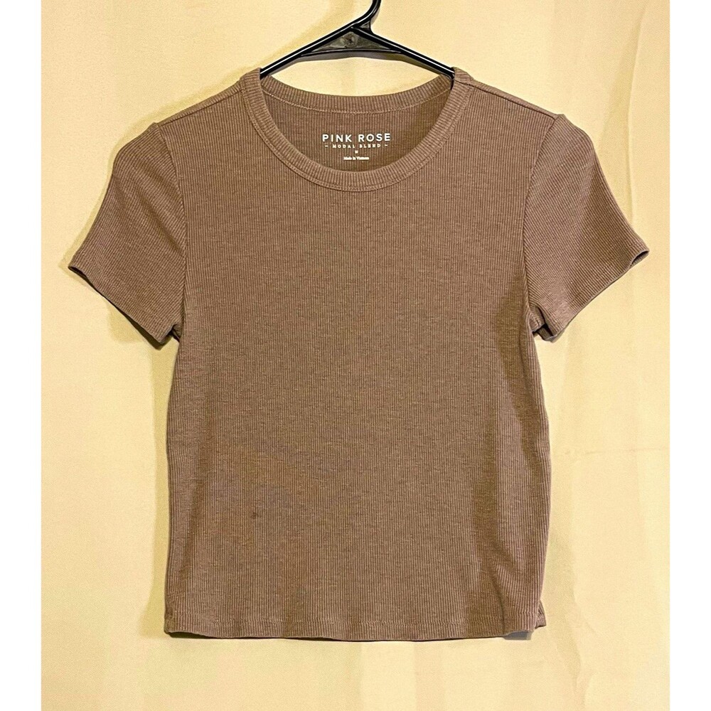 Pink Rose Taupe Solid Ribbed Knit Crew Neck Short Sleeve T-Shirt Womens M